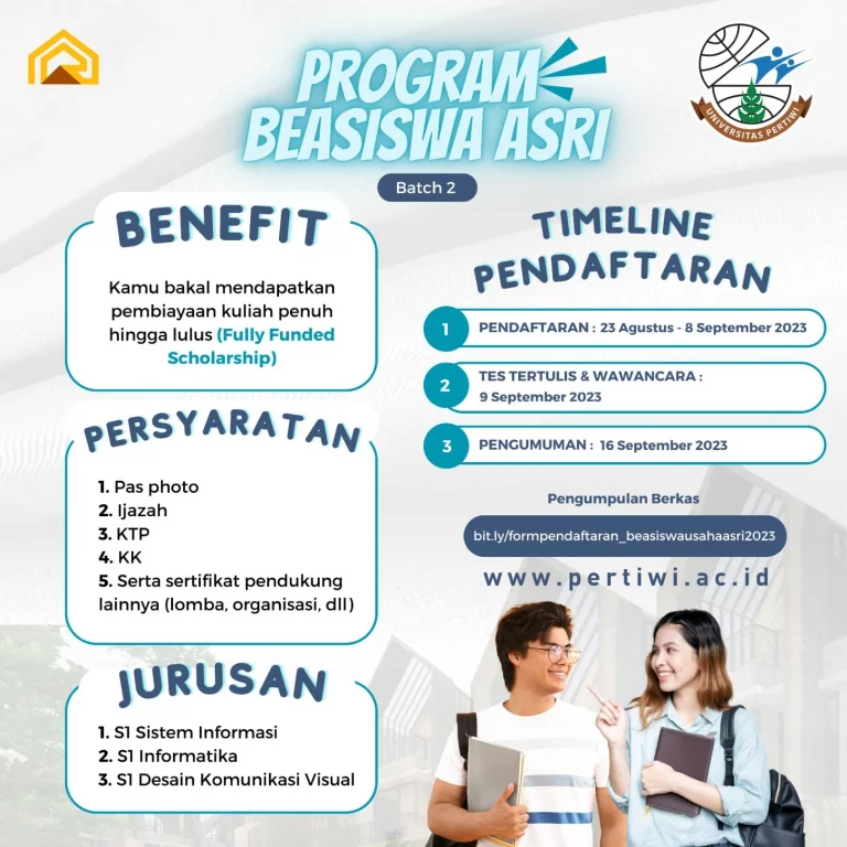 Dibuka Pendaftaran Mahasiswa Baru Melalui Beasiswa Asri (Full Funded) – Universitas Pertiwi